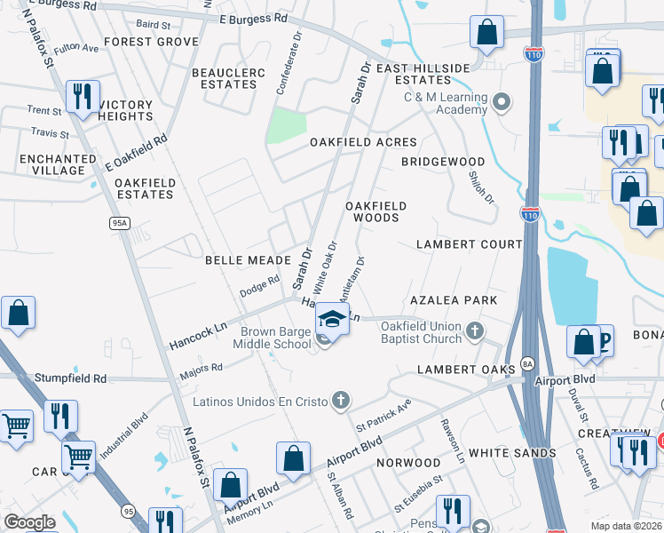 map of restaurants, bars, coffee shops, grocery stores, and more near 6312 White Oak Drive in Pensacola