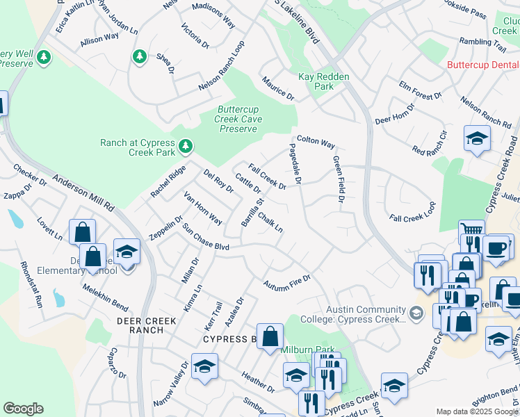 map of restaurants, bars, coffee shops, grocery stores, and more near 1300 Chalk Lane in Cedar Park