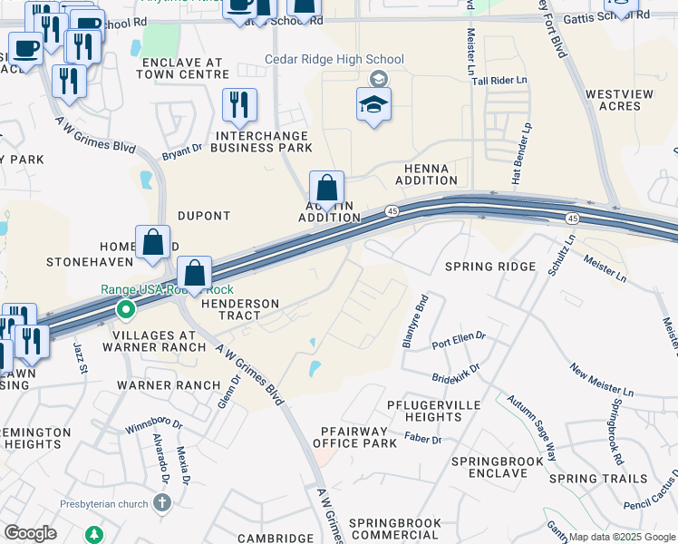 map of restaurants, bars, coffee shops, grocery stores, and more near 33 Roundville Lane in Round Rock