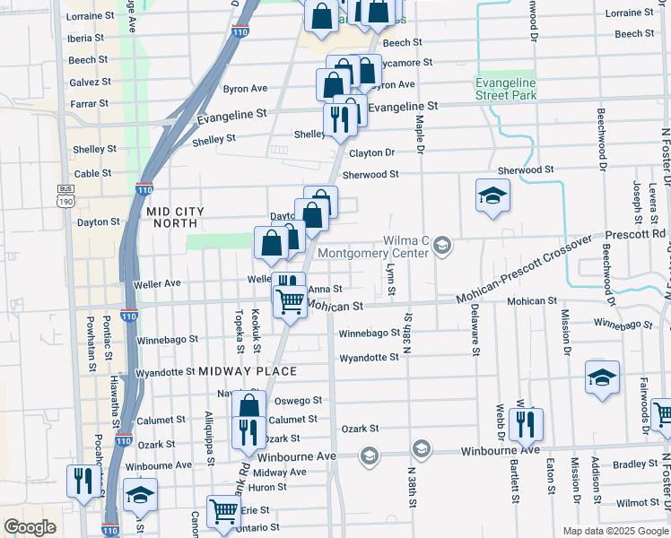 map of restaurants, bars, coffee shops, grocery stores, and more near 3315 Weller Avenue in Baton Rouge