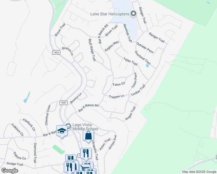 map of restaurants, bars, coffee shops, grocery stores, and more near 8409 Bronco Buster Trail in Lago Vista