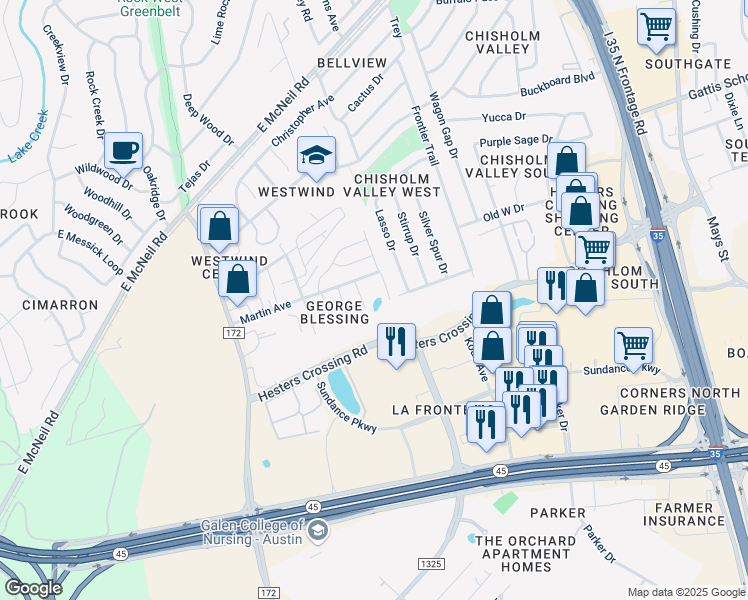 map of restaurants, bars, coffee shops, grocery stores, and more near 2608 Mobil Street in Round Rock