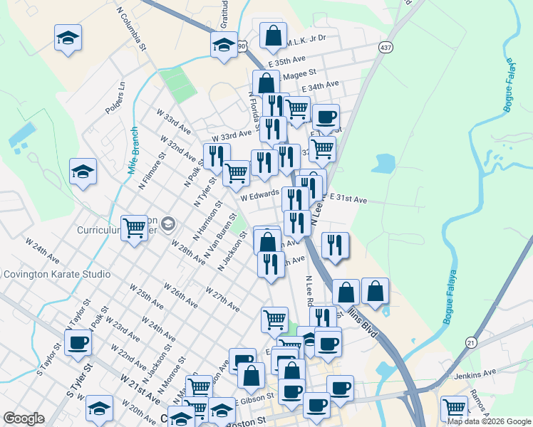 map of restaurants, bars, coffee shops, grocery stores, and more near 209 West 31st Avenue in Covington