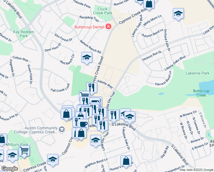 map of restaurants, bars, coffee shops, grocery stores, and more near 1520 Juliette Way in Cedar Park