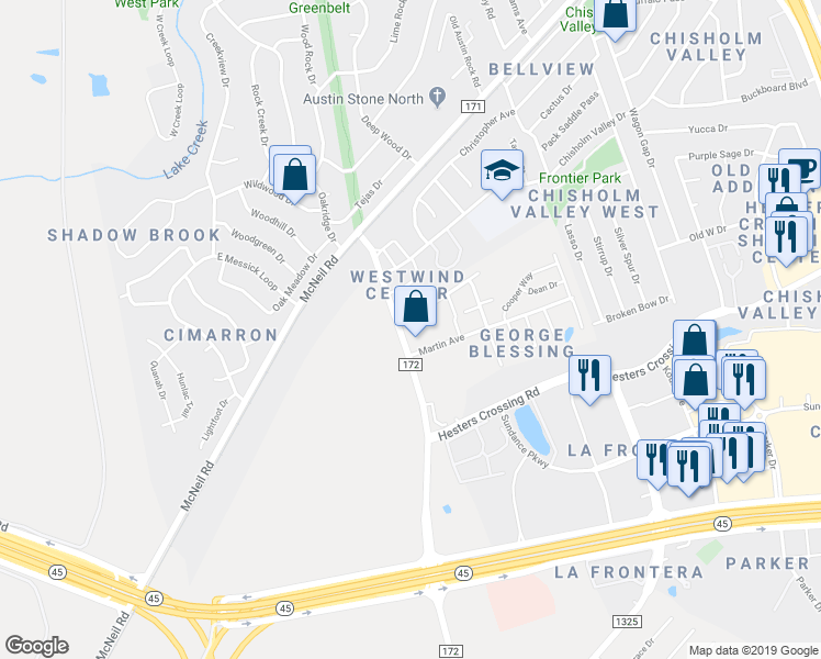 map of restaurants, bars, coffee shops, grocery stores, and more near 2502 County Road 172 in Round Rock