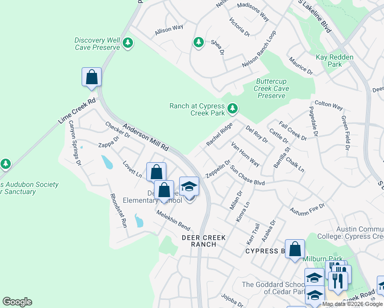 map of restaurants, bars, coffee shops, grocery stores, and more near 2207 Rachel Ridge in Cedar Park