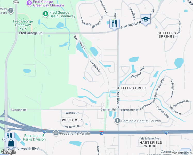 map of restaurants, bars, coffee shops, grocery stores, and more near 3295 Woodbriar Lane in Tallahassee