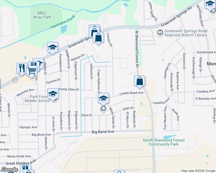 map of restaurants, bars, coffee shops, grocery stores, and more near 3902 White Sands Drive in Baton Rouge