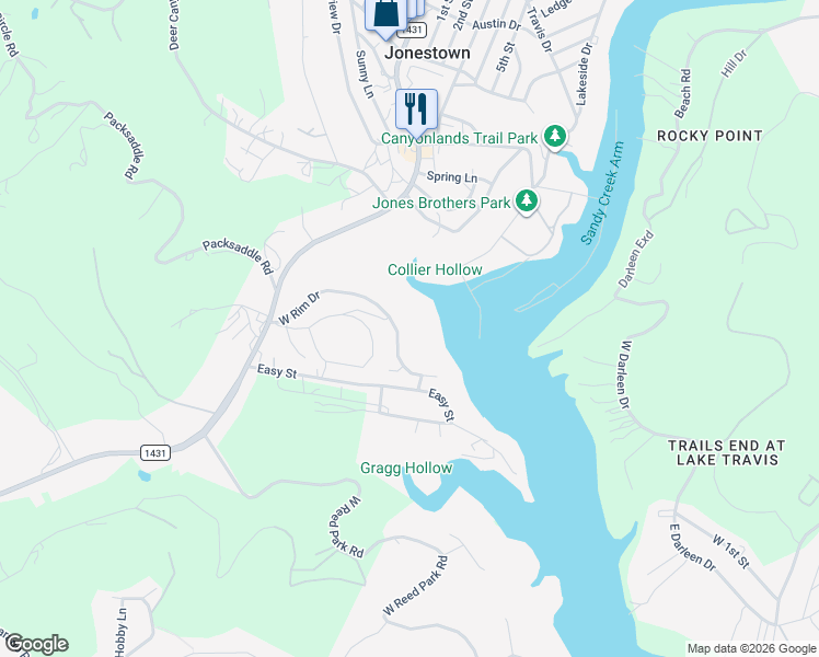 map of restaurants, bars, coffee shops, grocery stores, and more near 18310 West Rim Drive in Jonestown
