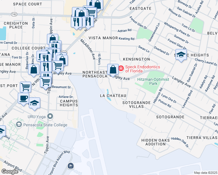 map of restaurants, bars, coffee shops, grocery stores, and more near 6233 Chablis Lane in Pensacola