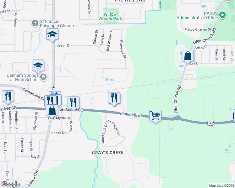 map of restaurants, bars, coffee shops, grocery stores, and more near 9171 Louisiana Avenue in Denham Springs