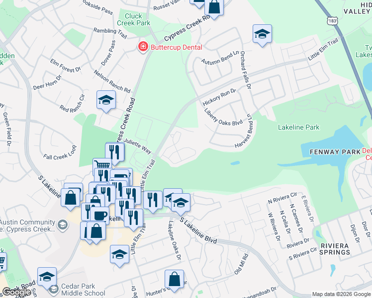 map of restaurants, bars, coffee shops, grocery stores, and more near 1900 Little Elm Trail in Cedar Park