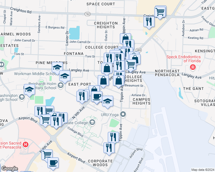 map of restaurants, bars, coffee shops, grocery stores, and more near 6200 North 9th Avenue in Pensacola
