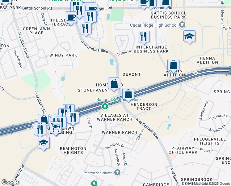 map of restaurants, bars, coffee shops, grocery stores, and more near 800 Louis Henna Boulevard in Round Rock