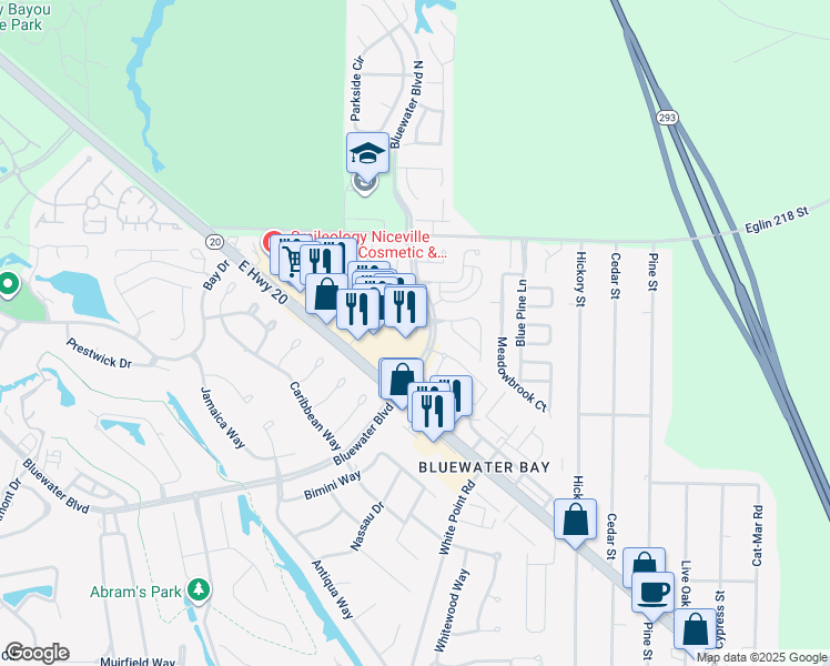 map of restaurants, bars, coffee shops, grocery stores, and more near 1501 Abaco Cove in Niceville