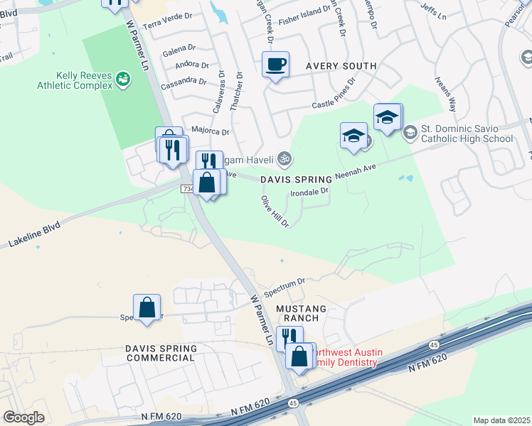 map of restaurants, bars, coffee shops, grocery stores, and more near 14716 Olive Hill Drive in Austin