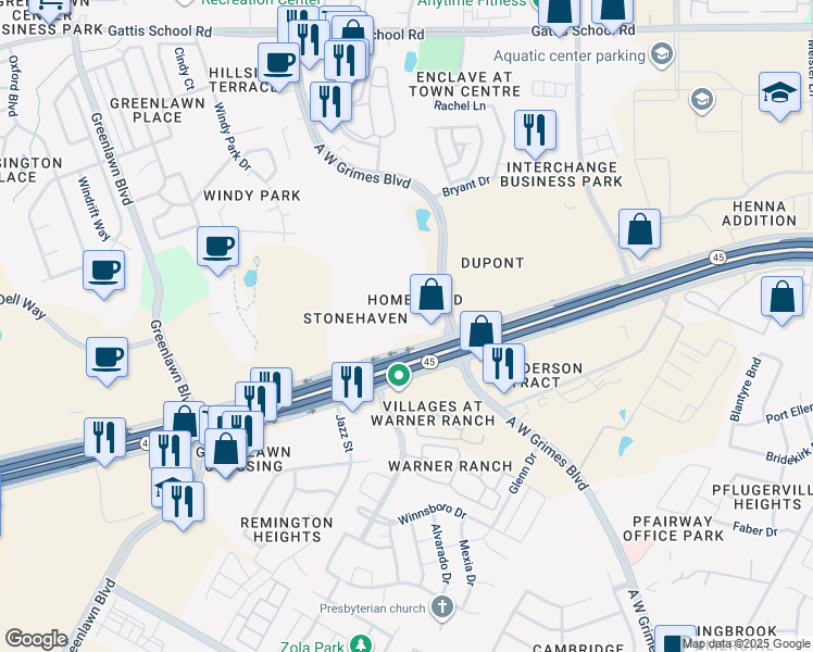 map of restaurants, bars, coffee shops, grocery stores, and more near 800 Louis Henna Boulevard in Round Rock