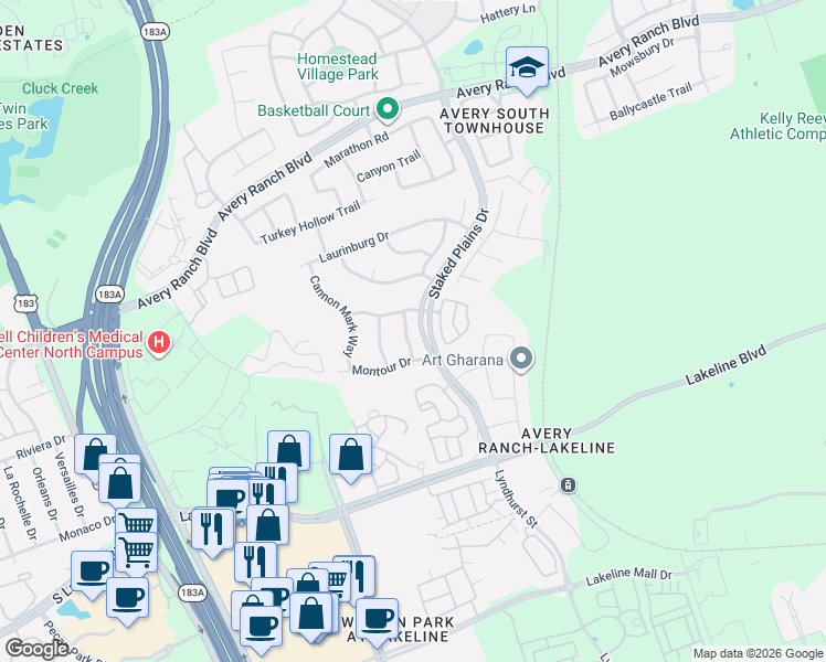 map of restaurants, bars, coffee shops, grocery stores, and more near 10413 Nicolet Way in Austin