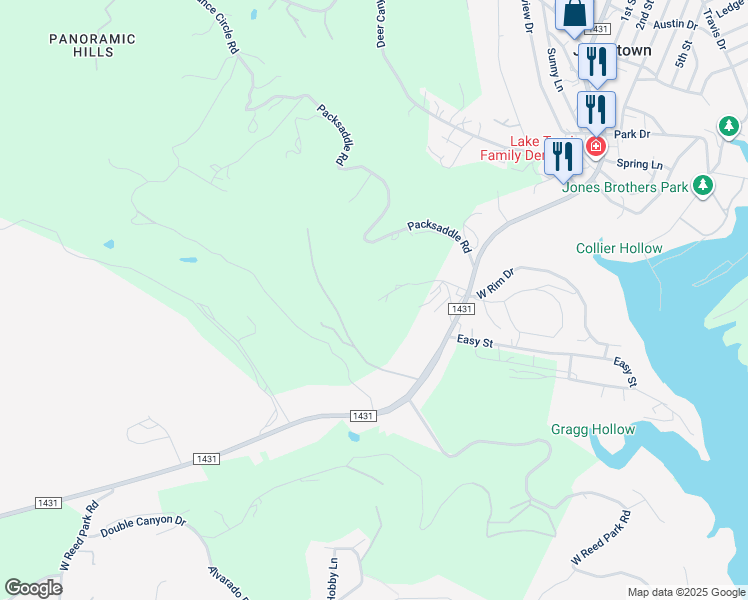 map of restaurants, bars, coffee shops, grocery stores, and more near 18778 Ranch Road 1431 in Jonestown