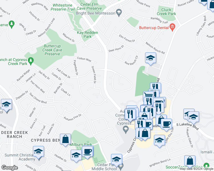 map of restaurants, bars, coffee shops, grocery stores, and more near 1406 Wesson Cove in Cedar Park