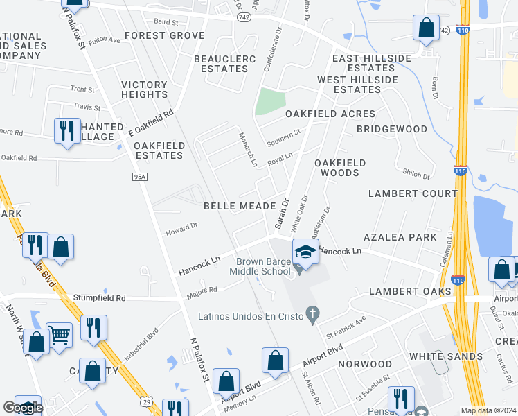 map of restaurants, bars, coffee shops, grocery stores, and more near 5915 Duchess Road in Pensacola