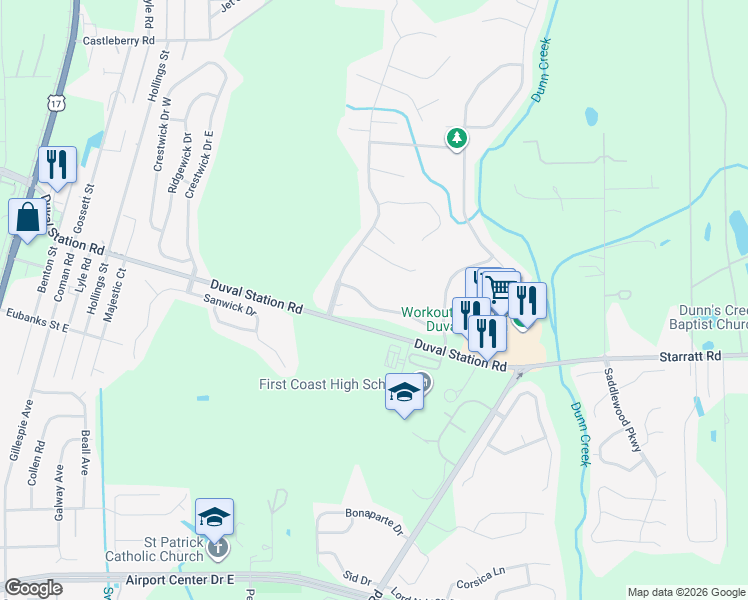 map of restaurants, bars, coffee shops, grocery stores, and more near 585 Lady Lake Road West in Jacksonville