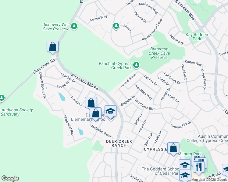 map of restaurants, bars, coffee shops, grocery stores, and more near 2205 Rachel Ridge in Cedar Park