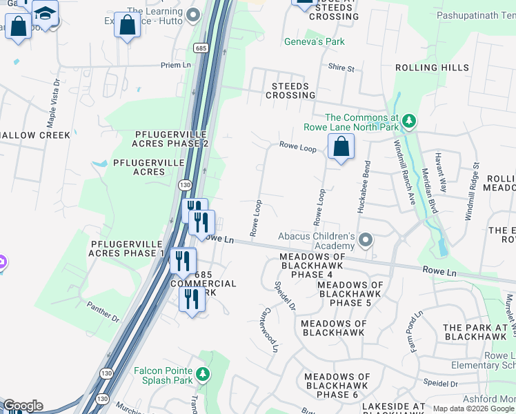 map of restaurants, bars, coffee shops, grocery stores, and more near 1741 Rowe Loop in Pflugerville