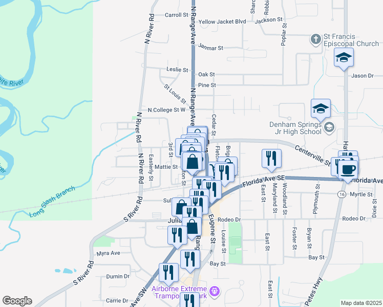 map of restaurants, bars, coffee shops, grocery stores, and more near 225 North Range Avenue in Denham Springs