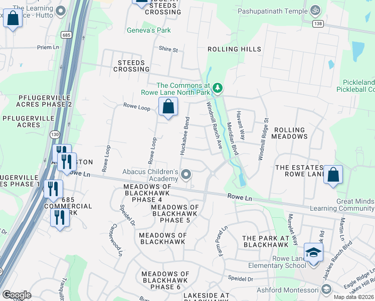 map of restaurants, bars, coffee shops, grocery stores, and more near 2304 Ambling Trail in Pflugerville