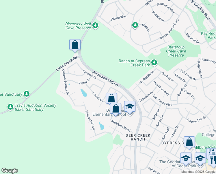 map of restaurants, bars, coffee shops, grocery stores, and more near 1100 Rowley Drive in Cedar Park
