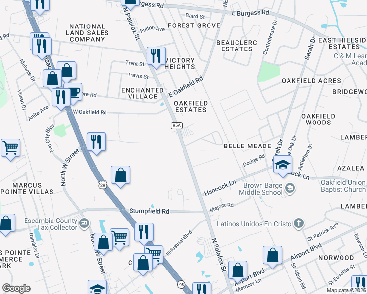 map of restaurants, bars, coffee shops, grocery stores, and more near 6515 North Palafox Street in Pensacola