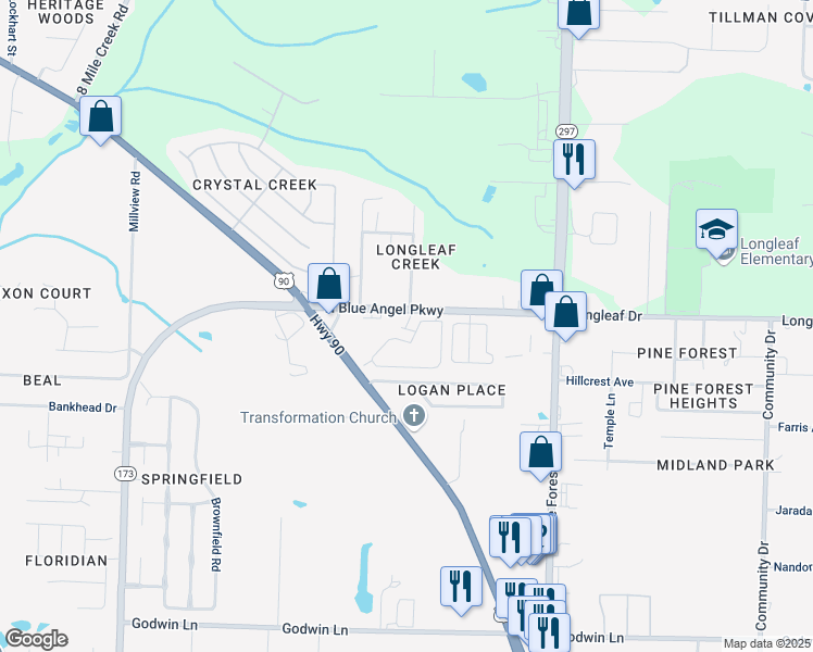 map of restaurants, bars, coffee shops, grocery stores, and more near 7111 North Blue Angel Parkway in Pensacola