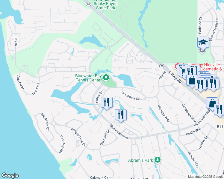 map of restaurants, bars, coffee shops, grocery stores, and more near 844 Fairway Lakes Drive in Niceville