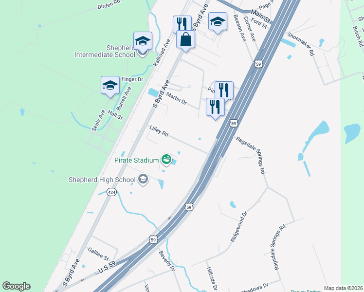 map of restaurants, bars, coffee shops, grocery stores, and more near 1010 Lilley Road in Shepherd