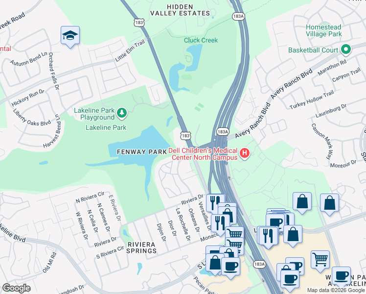 map of restaurants, bars, coffee shops, grocery stores, and more near 1915 South Bell Boulevard in Cedar Park