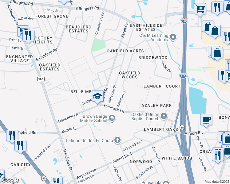 map of restaurants, bars, coffee shops, grocery stores, and more near 6312 White Oak Drive in Pensacola