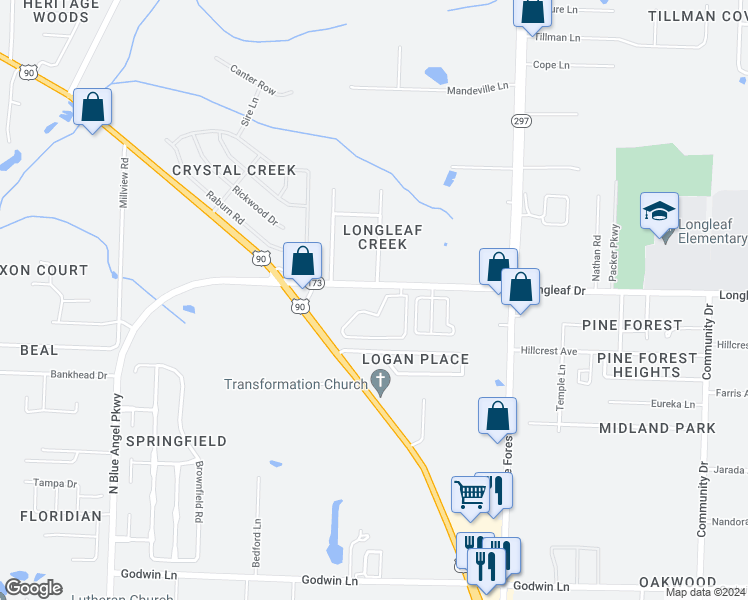 map of restaurants, bars, coffee shops, grocery stores, and more near 7111 North Blue Angel Parkway in Pensacola