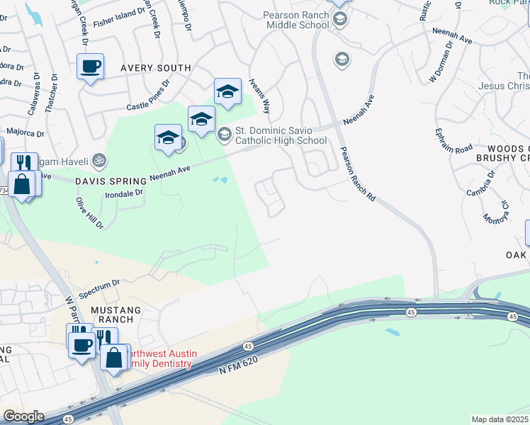 map of restaurants, bars, coffee shops, grocery stores, and more near 9606 McKnight Loop in Austin