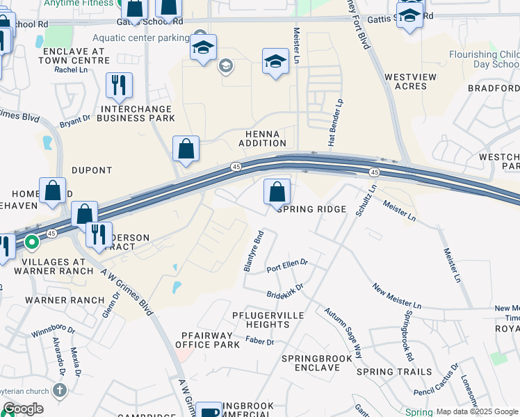 map of restaurants, bars, coffee shops, grocery stores, and more near 2501 Louis Henna Boulevard in Round Rock