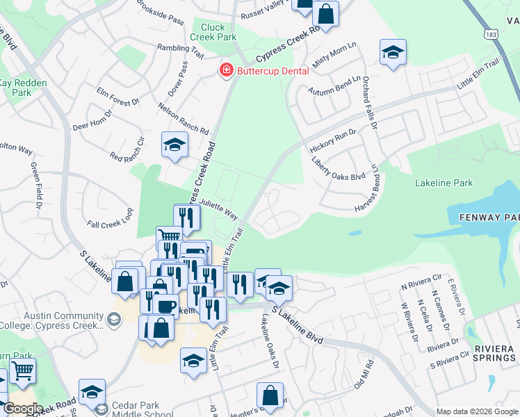 map of restaurants, bars, coffee shops, grocery stores, and more near 1900 Little Elm Trail in Cedar Park