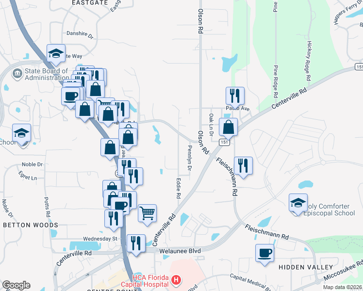 map of restaurants, bars, coffee shops, grocery stores, and more near 2518 Pennlyn Drive in Tallahassee