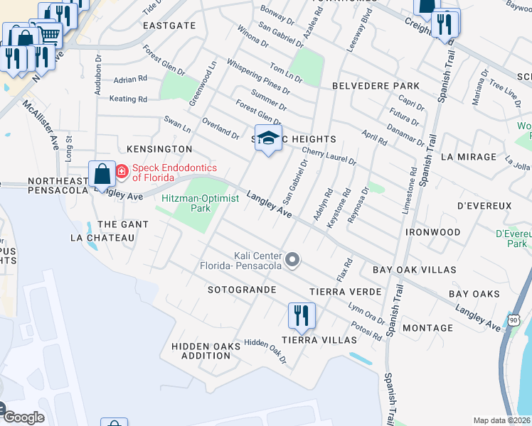 map of restaurants, bars, coffee shops, grocery stores, and more near 5575 San Gabriel Drive in Pensacola