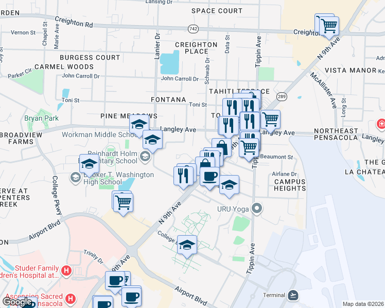 map of restaurants, bars, coffee shops, grocery stores, and more near 917 Kenny Drive in Pensacola