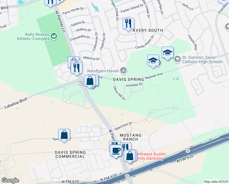 map of restaurants, bars, coffee shops, grocery stores, and more near 14716 Olive Hill Drive in Austin