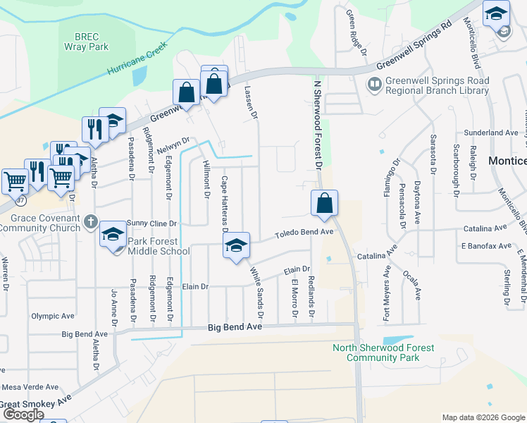 map of restaurants, bars, coffee shops, grocery stores, and more near 3916 Lassen Drive in Baton Rouge