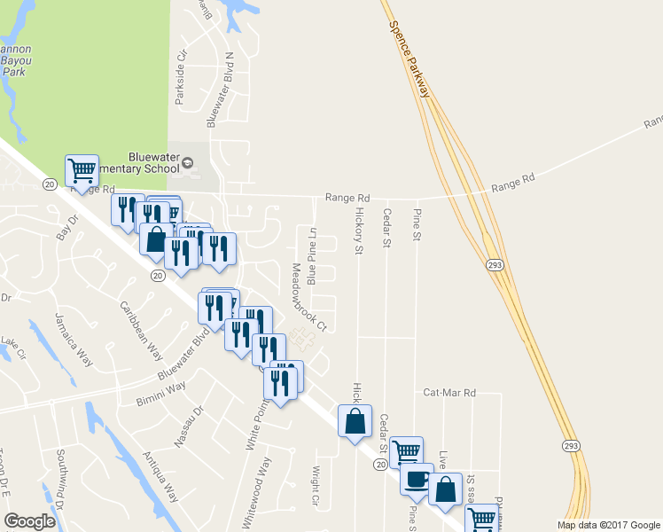 map of restaurants, bars, coffee shops, grocery stores, and more near 130 Midland Court in Niceville