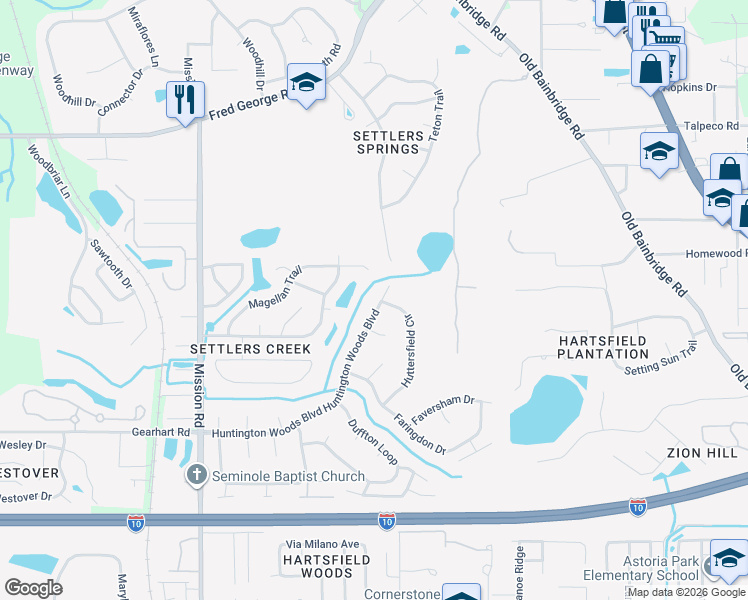 map of restaurants, bars, coffee shops, grocery stores, and more near 3184 Huntington Woods Boulevard in Tallahassee