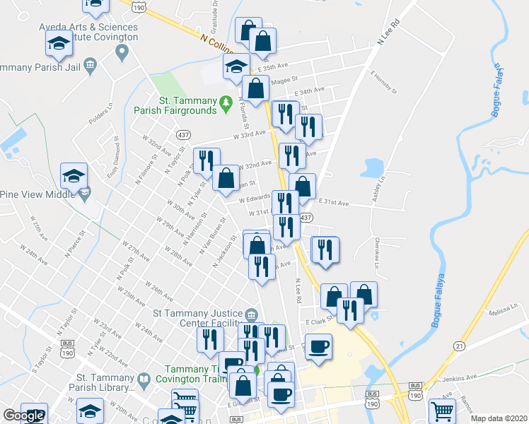 map of restaurants, bars, coffee shops, grocery stores, and more near 209 West 31st Avenue in Covington