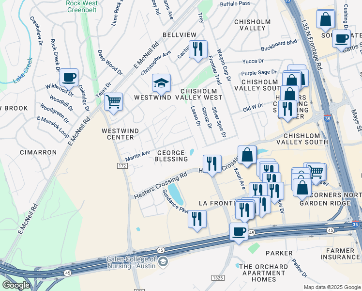 map of restaurants, bars, coffee shops, grocery stores, and more near 2608 Mobil Street in Round Rock